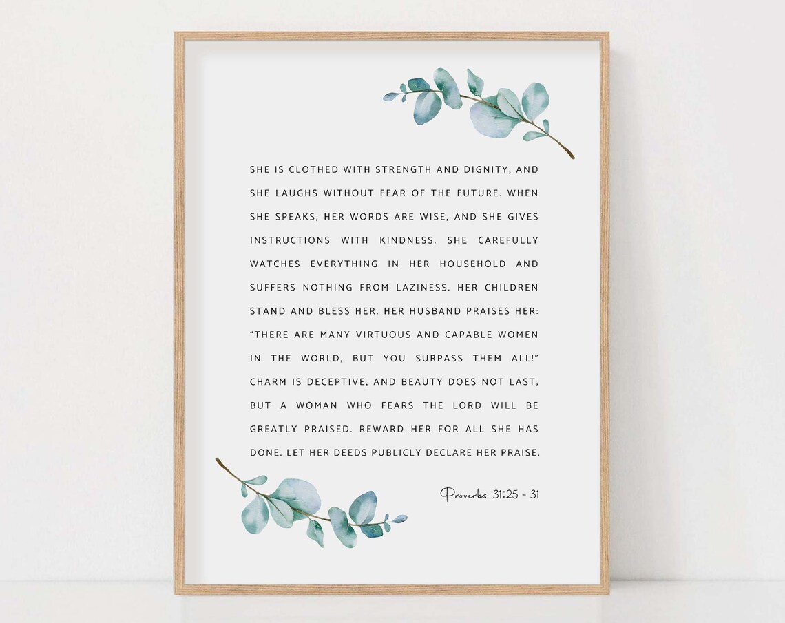 Proverbs 31:25-31 Virtuous Woman Full Passage Botanical Scripture Poster - Image 2