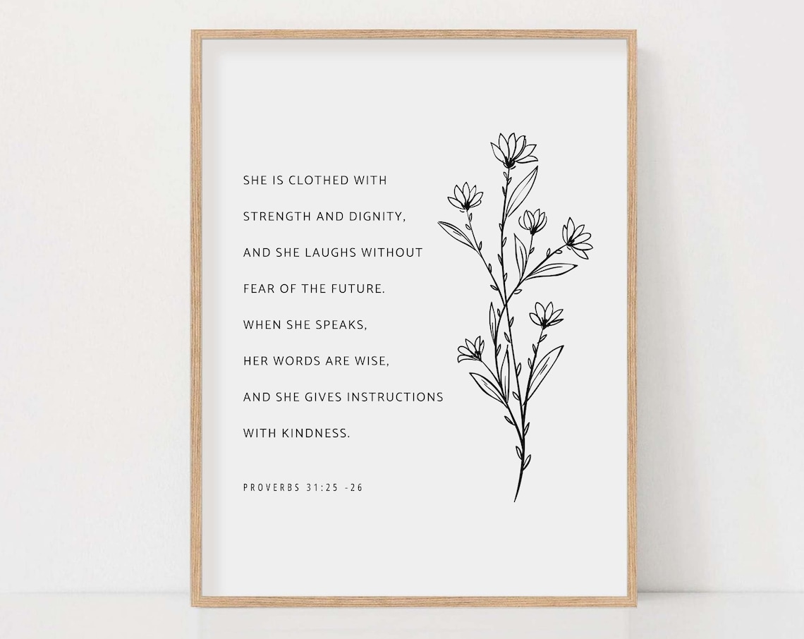 Proverbs 31:25-26 Strength and Dignity Floral Line Art Poster