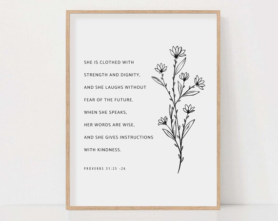 Proverbs 31:25-26 Strength and Dignity Floral Line Art Poster