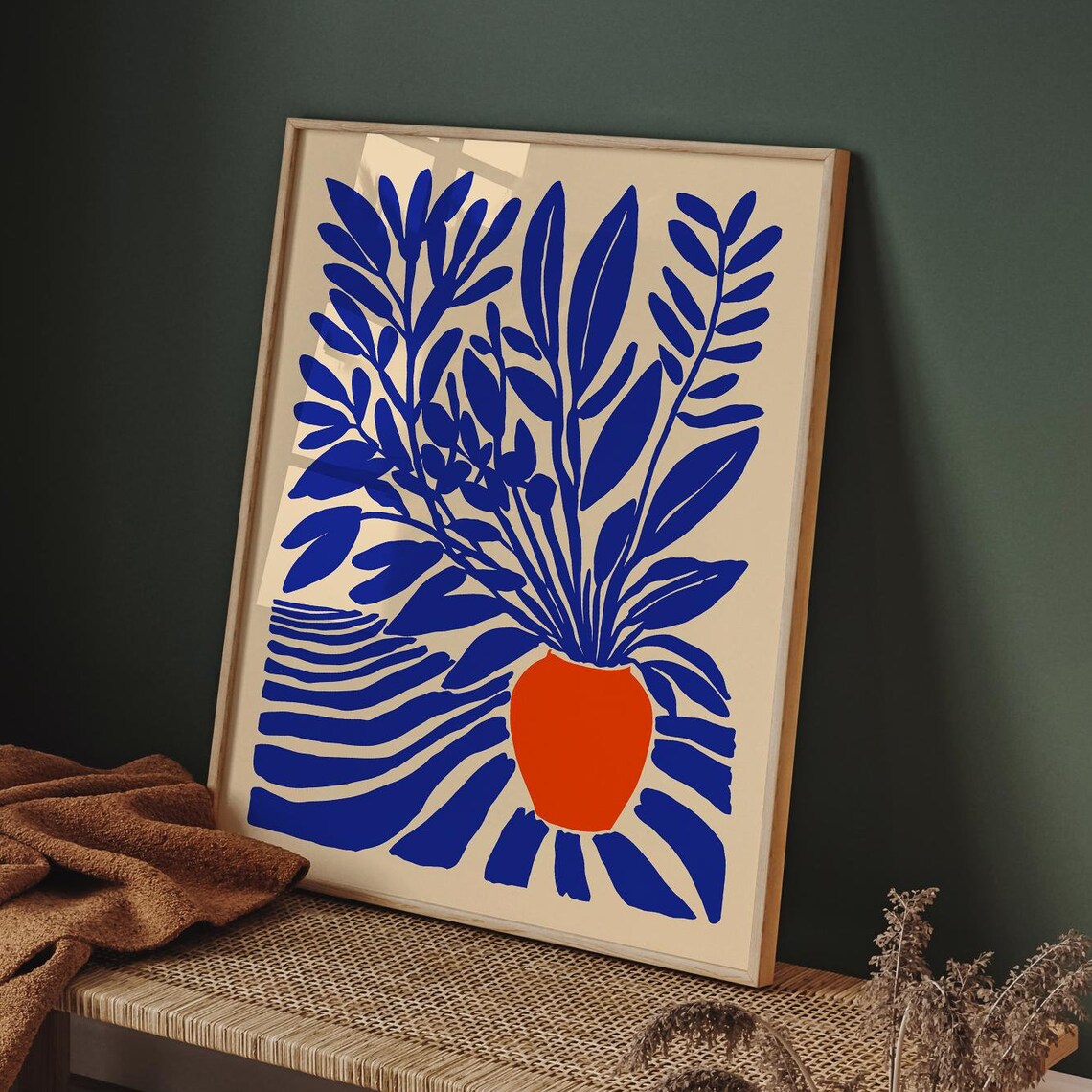Blue Foliage in Orange Vase Bold Matisse Style Botanical Poster