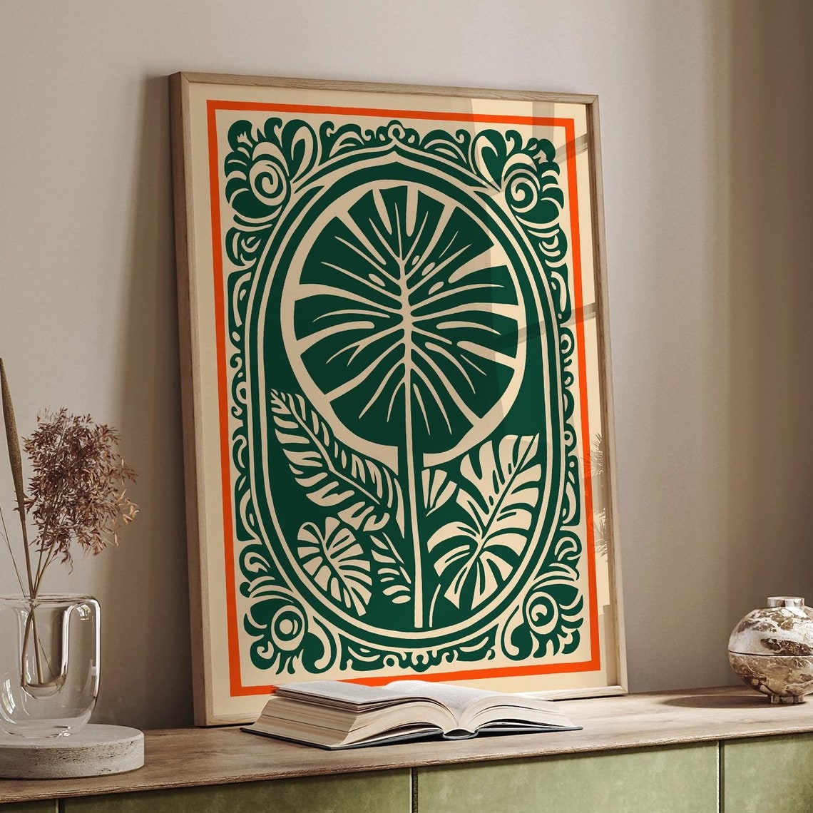 Green Monstera Leaf Design in Orange Border Botanical Poster