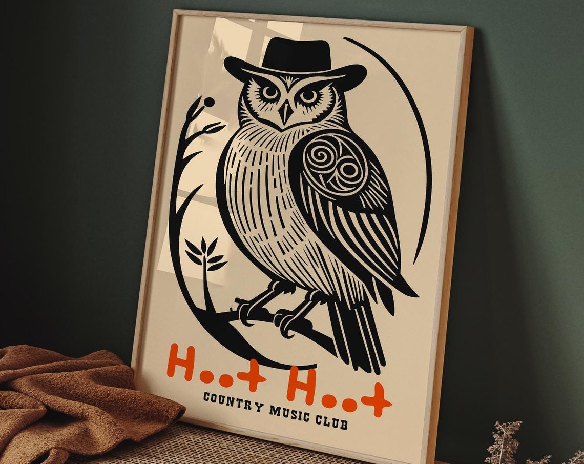 Country Music Owl Poster Hoot Hoot Club Art Print Rustic Woodcut Style Wall Decor Animal Illustration Cowboy Art Retro Country Poster