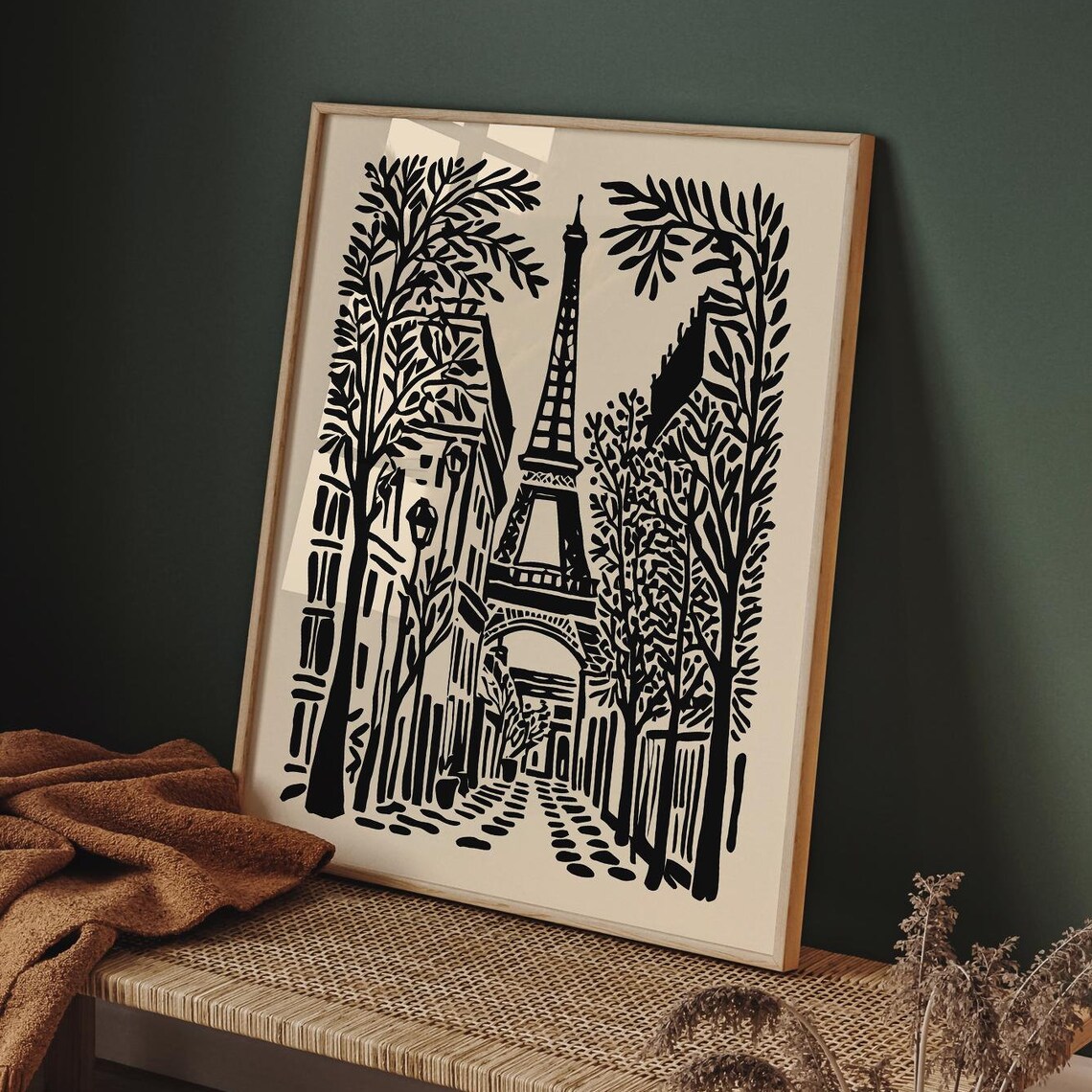 Eiffel Tower Paris Street Black Ink Cityscape Travel Art Poster
