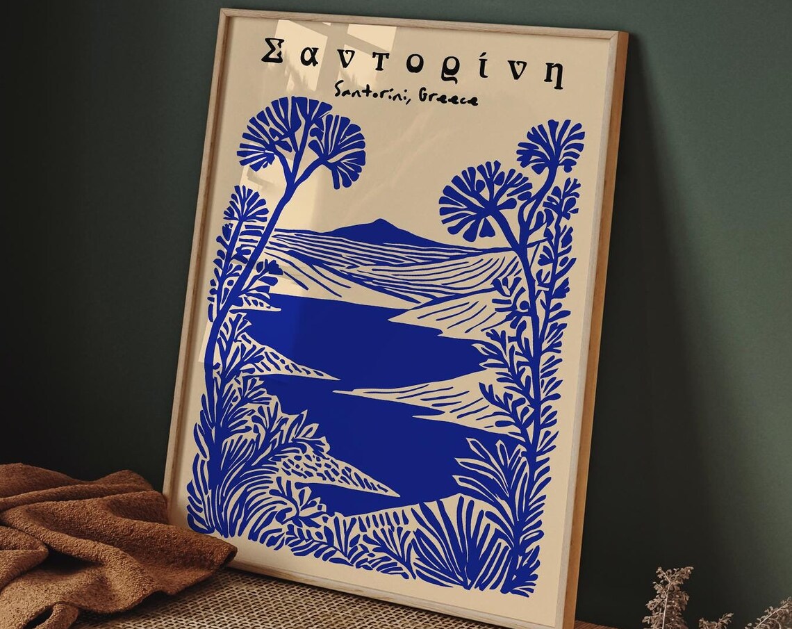 Santorini Greece Blue Caldera Island Vintage Travel Art Poster