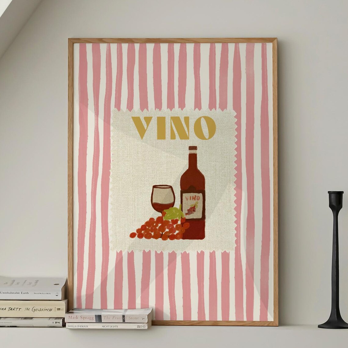 VINO Gold Lettering Wine Bottle Glass and Grapes on Pink Striped Poster