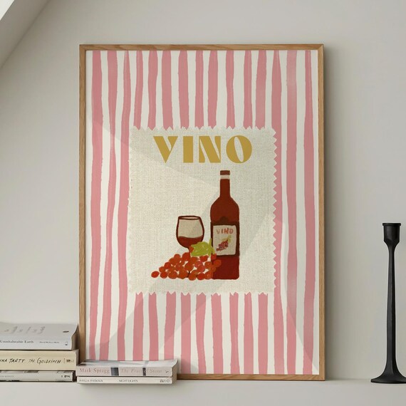 VINO Gold Lettering Wine Bottle Glass and Grapes on Pink Striped Poster