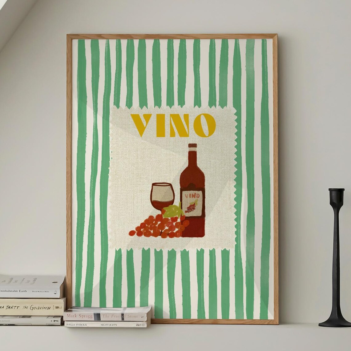 VINO Golden Lettering Wine Still Life with Grapes on Green Striped Poster
