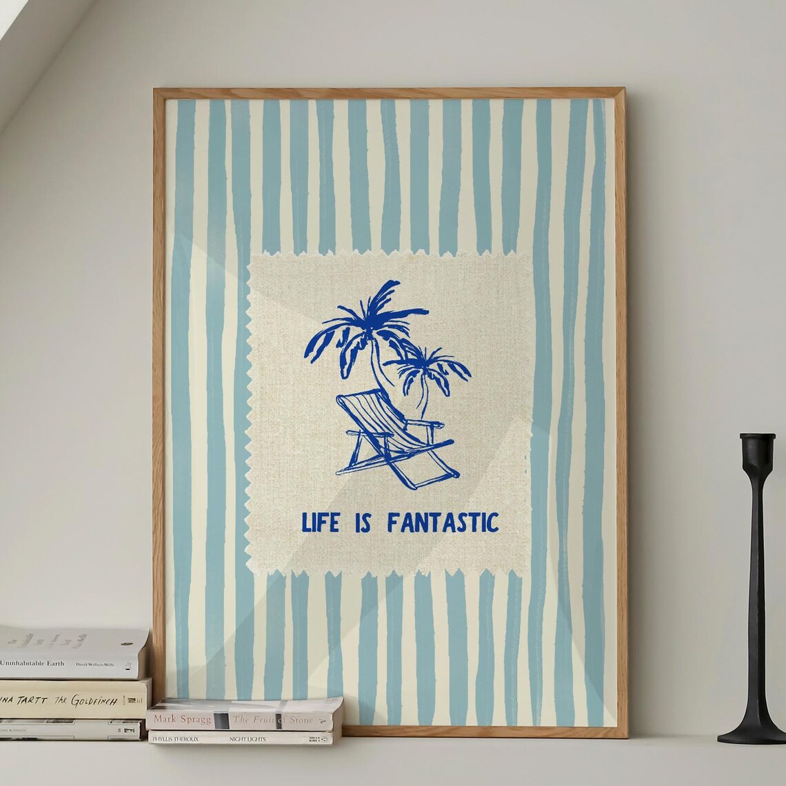 Life Is Fantastic Palm Chair Striped Blue Summer Quote Poster