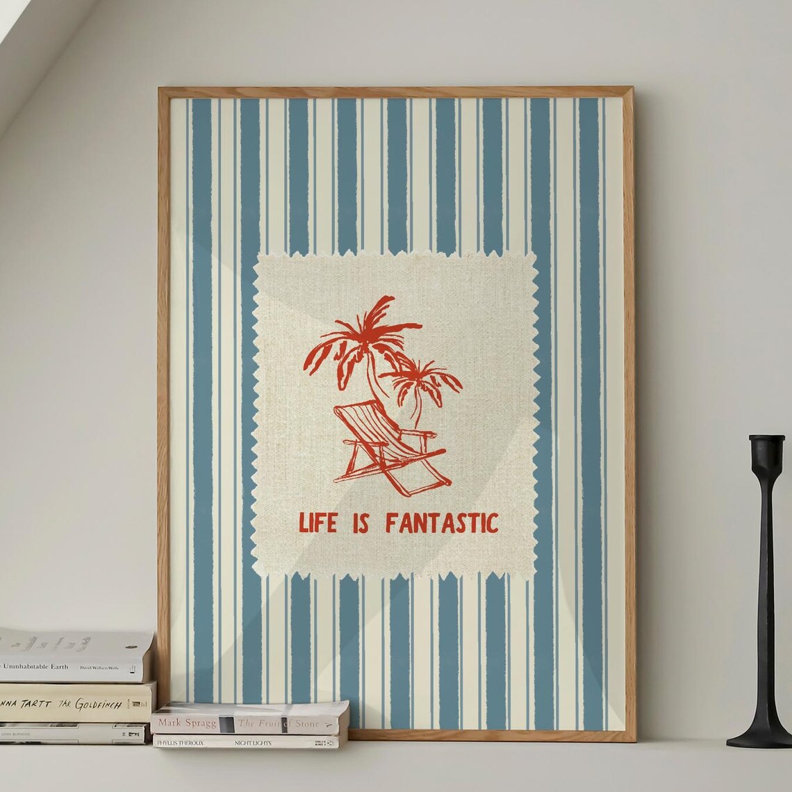 Life Is Fantastic Red Palm Chair On Navy Stripes Quote Poster