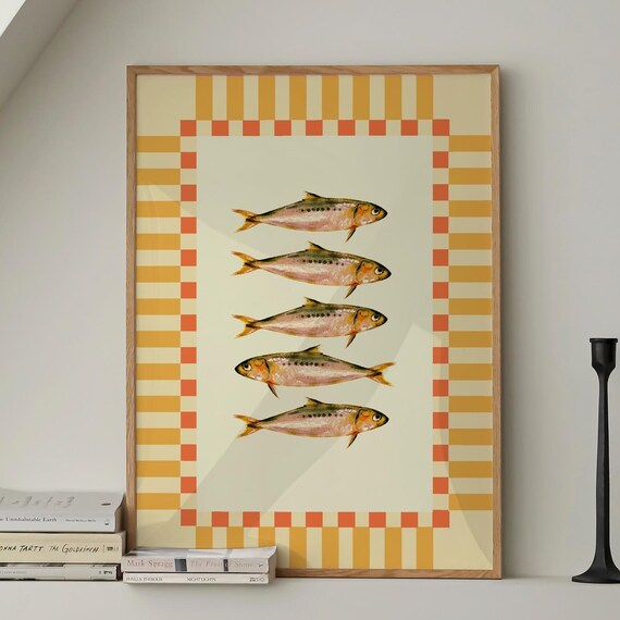 Vintage Sardines Fish Pink Green Stripe Trendy Kitchen Wall Art Retro Modern Food Home Decor