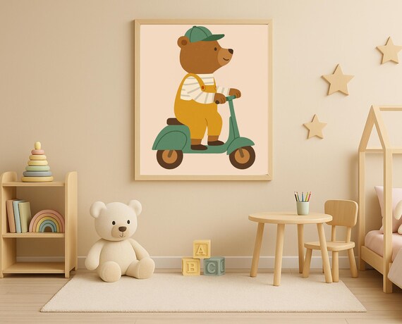 Happy Bear Riding Teal Scooter With Cap Cute Nursery Kids Poster