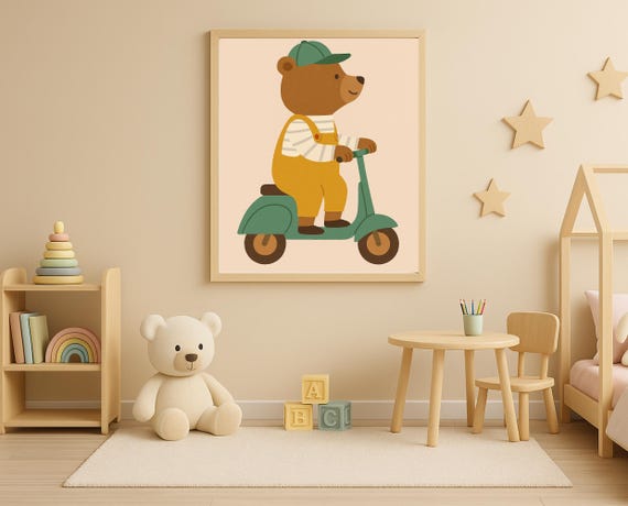 Scooter Bear Wall Art Nursery Print From Hobby Animal Series Modern Kids Room Decor
