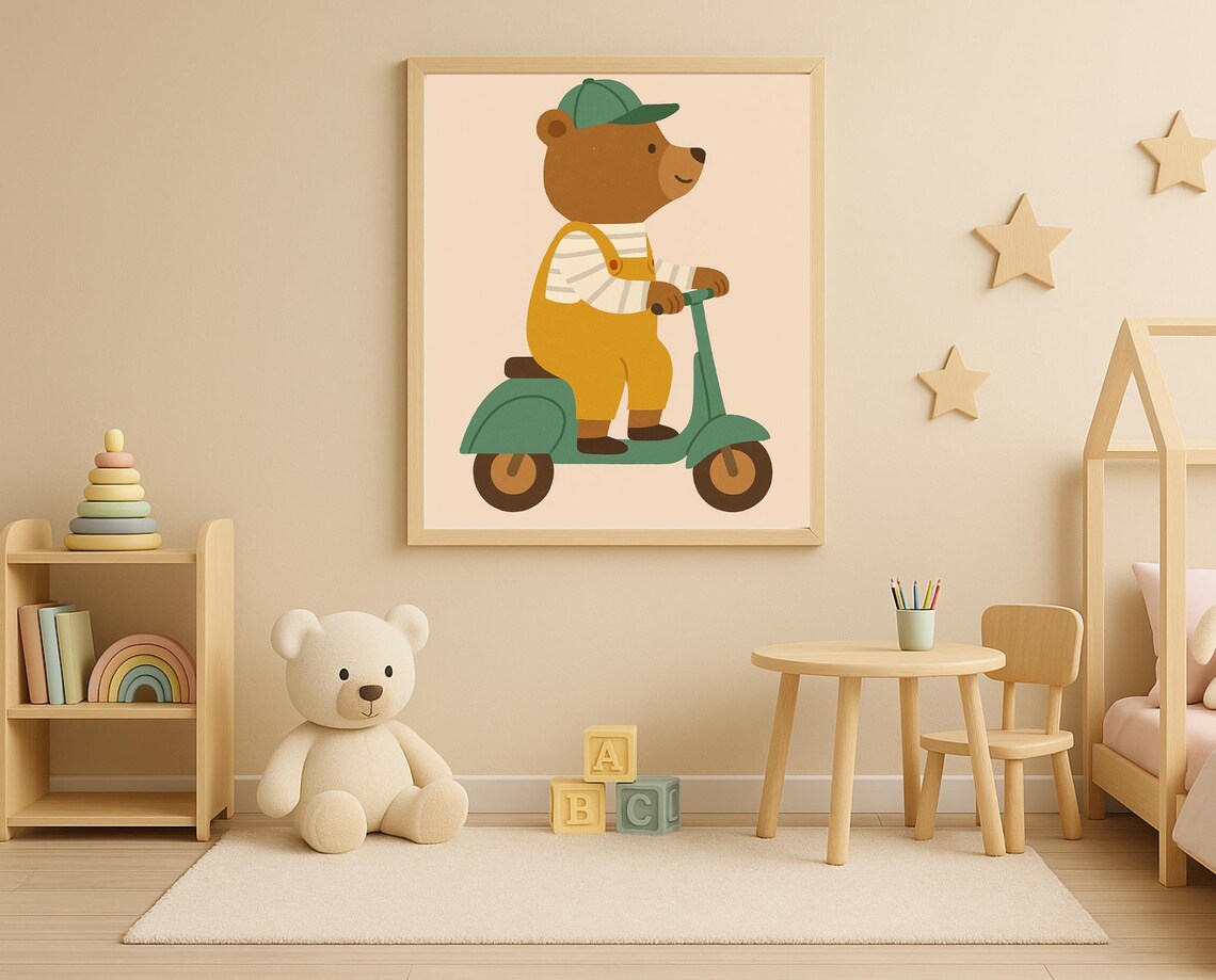 Happy Bear Riding Teal Scooter With Cap Cute Nursery Kids Poster