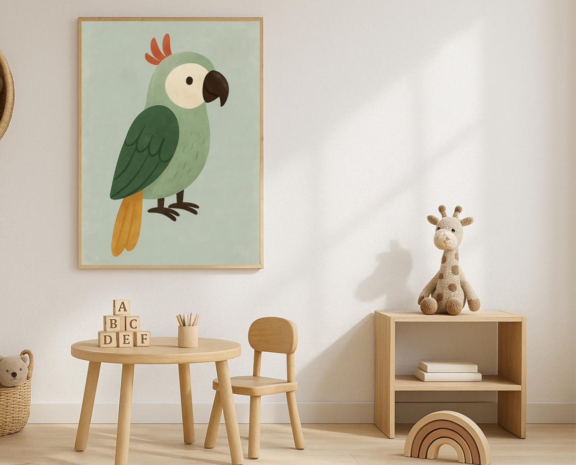 Cute Flat Illustration of a Green Parrot on a Sage Background Poster