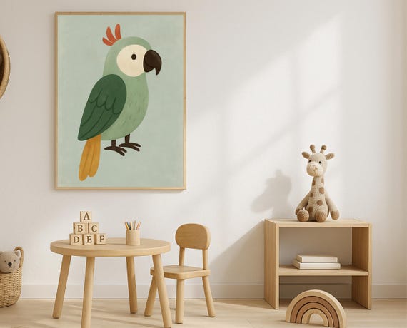 Parrot Nursery Wall Art Green Print Tropical Kids Room Decor Genderneutral Instant