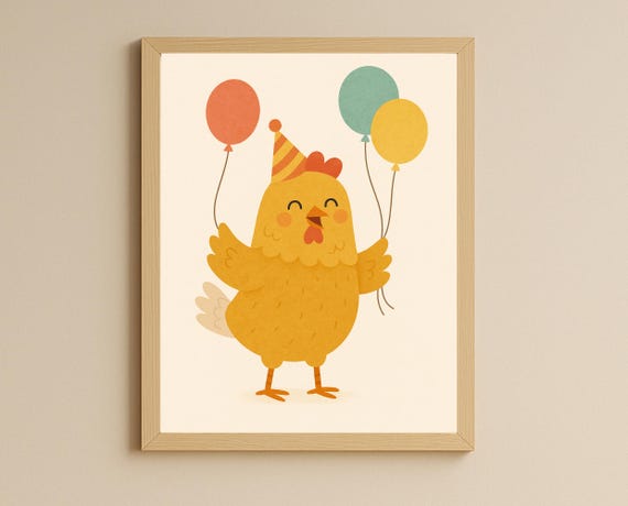 Party Chicken Wall Art Hobby Animal Series Nursery Decor Birthday Print For Kids Room