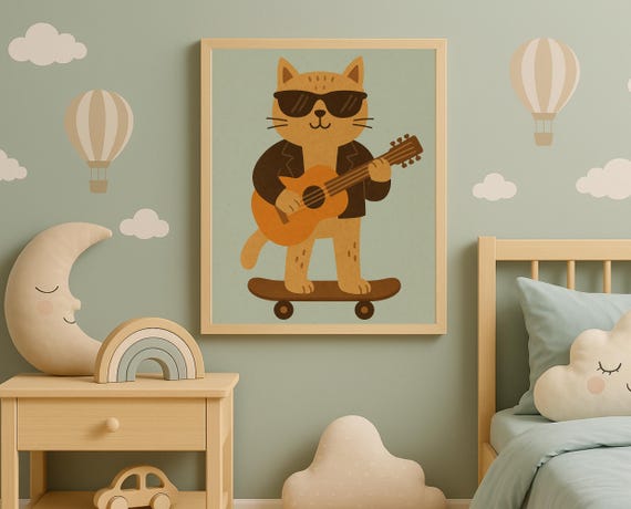 Cool Cat Guitarist Wall Art Animal Print For Kids Room Instant Nursery Decor Rockstar