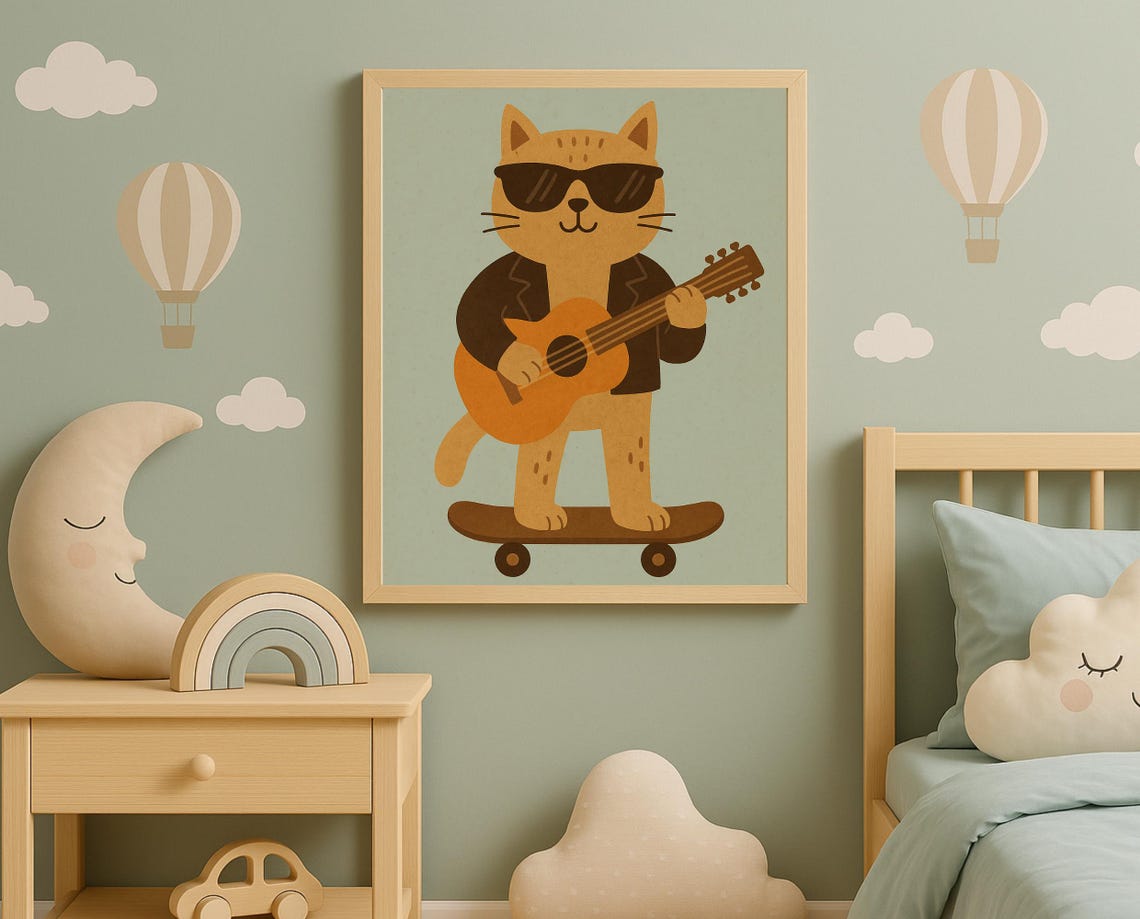 Cool Cat Guitarist Wall Art Animal Print For Kids Room Instant Nursery Decor Rockstar
