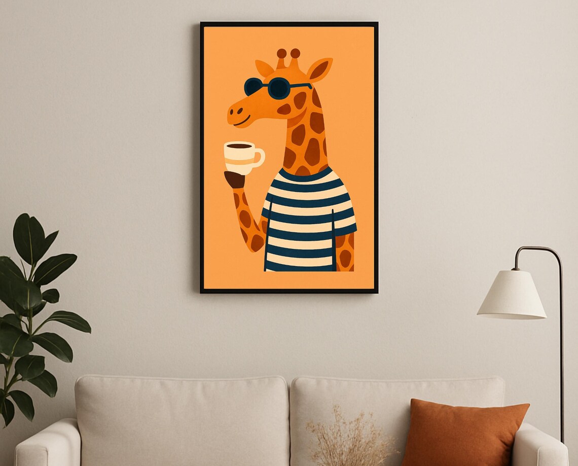 Coffee Loving Giraffe Poster Sunglasses Striped Shirt Animal Kids Art