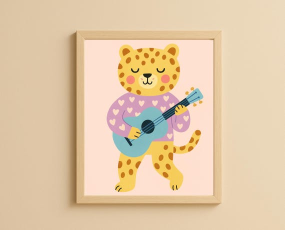Guitar Leopard Wall Art Musical Jungle Animal Print For Nursery Playroom Modern Kids Room Decor