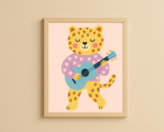 Leopard Playing Guitar Cute Musical Hobby Nursery Kids Poster