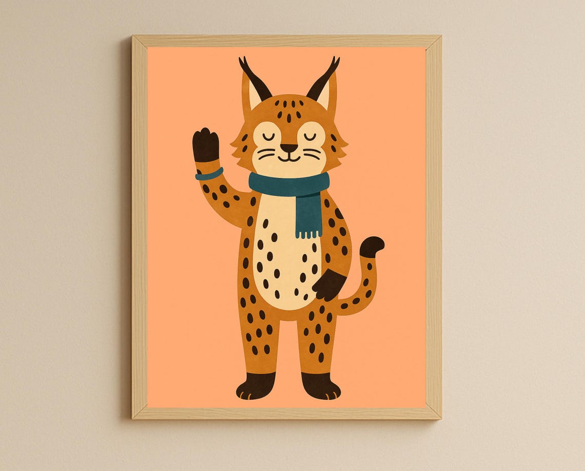 Waving Lynx in Teal Scarf Peach Background Nursery Poster Cute