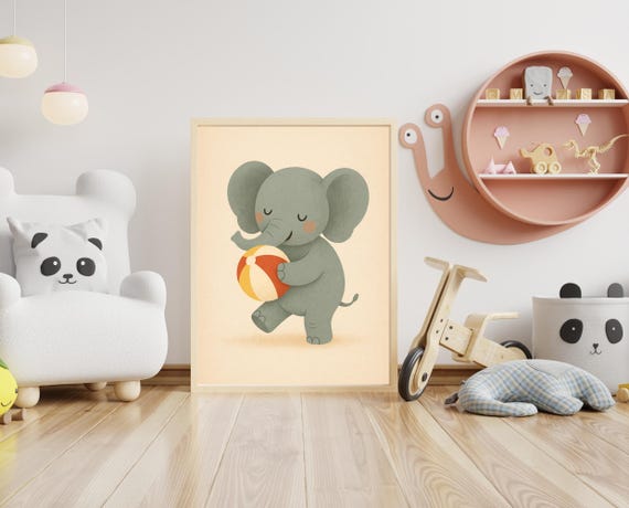 Playful Elephant Nursery Wall Art Animal Print Beach Ball Poster Baby Room Decor Gender Neutral