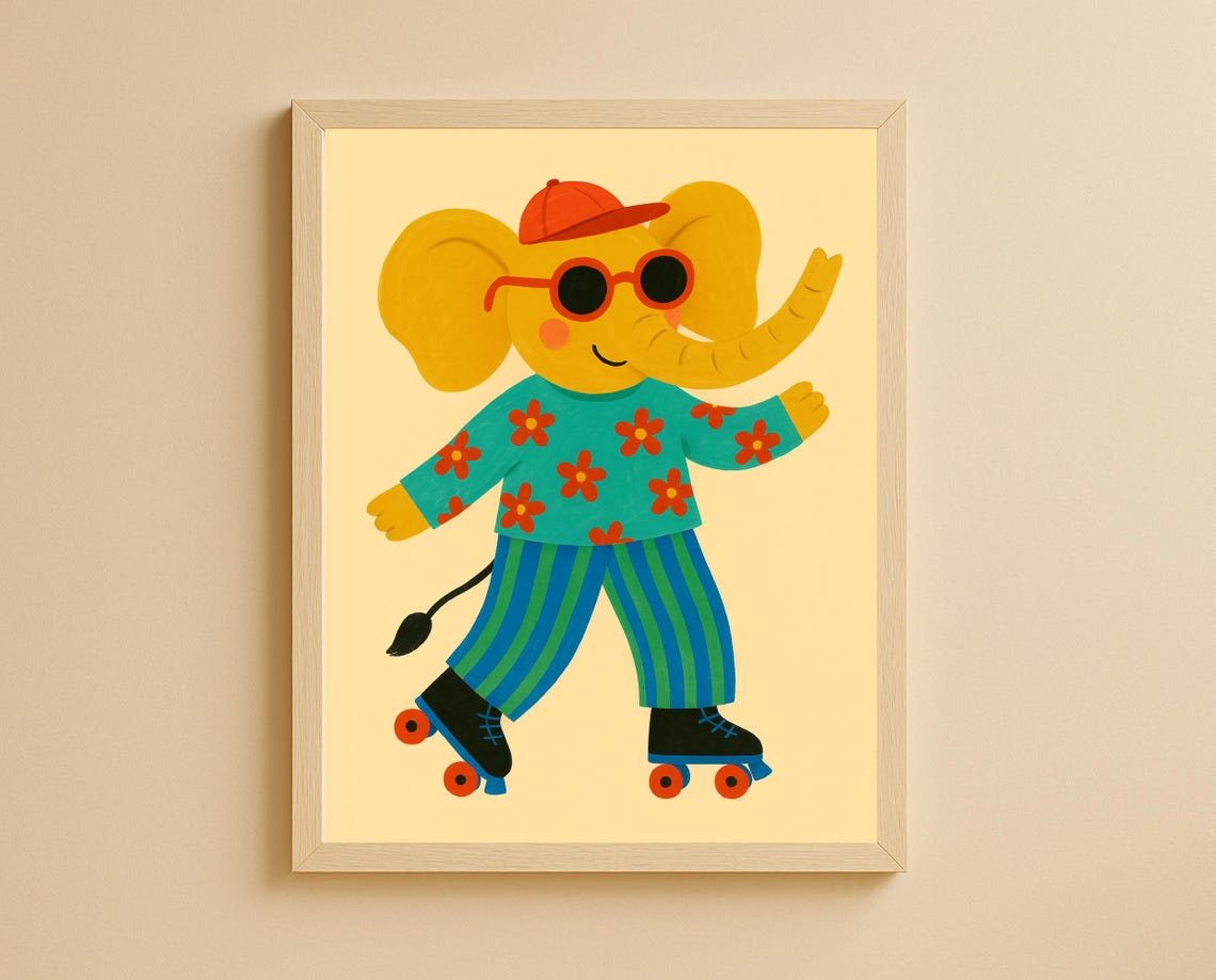Roller Skating Elephant Wall Art Playful Print For Nursery Kids Room