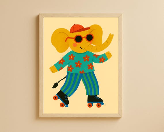 Roller Skating Elephant Wall Art Playful Print For Nursery Kids Room