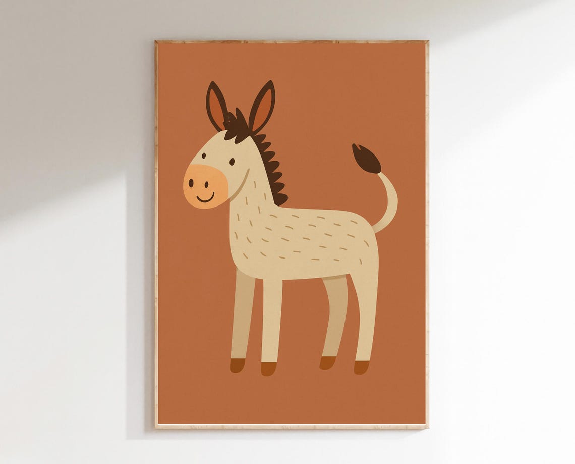 Smiling Donkey Cute Farm Animal Poster on Terracotta Background