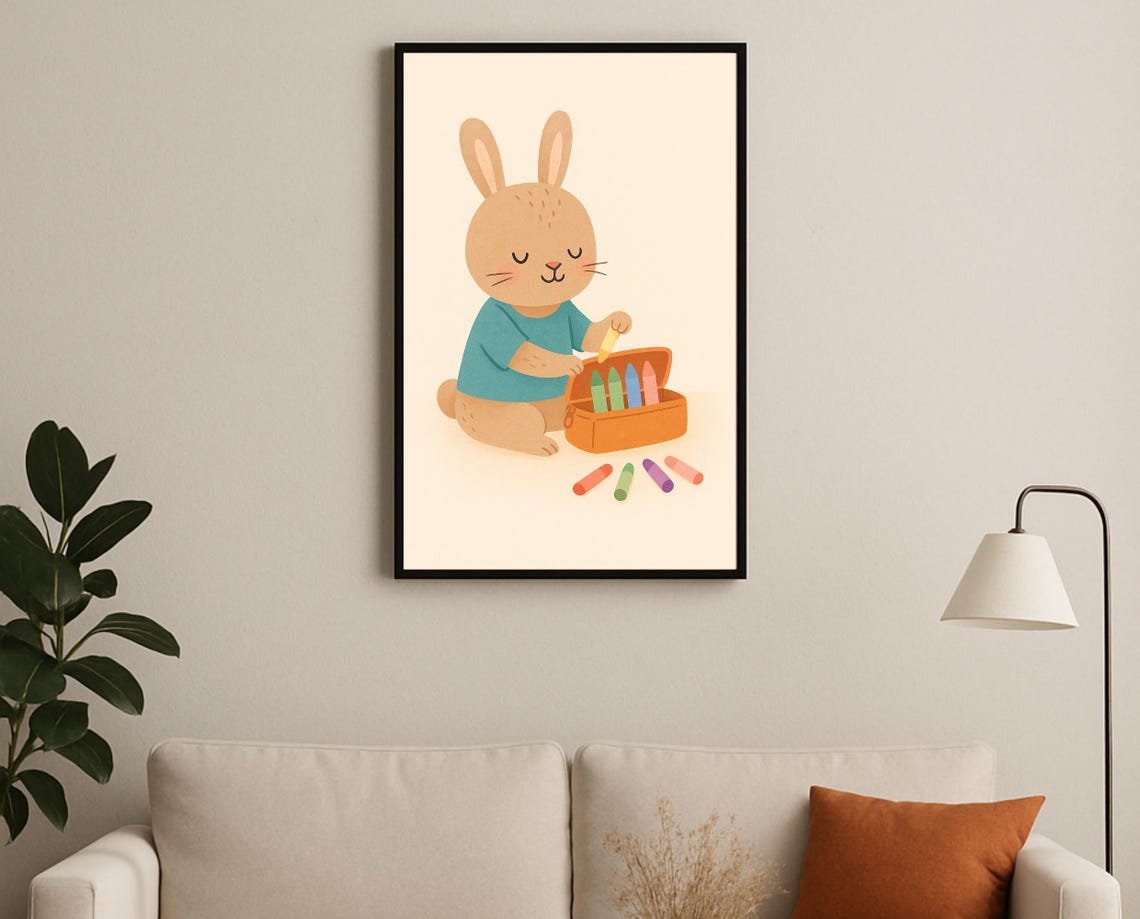 Bunny With Crayons Nursery Wall Art Rabbit Kids Room Decor Supplies Poster