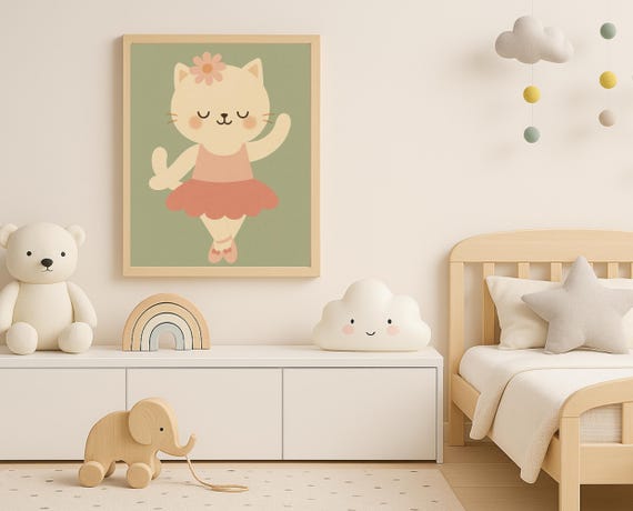 Ballerina Cat Nursery Wall Art Pastel Kitty Ballet Print For Baby Girl Room
