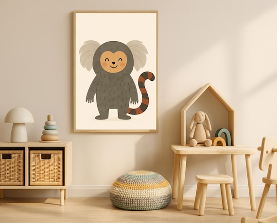 Cute Smiling Pygmy Marmoset Striped Tail Jungle Nursery Poster