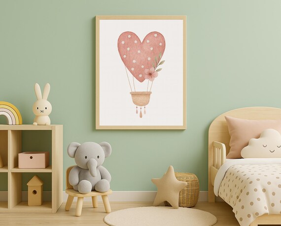 Heart Hot Air Balloon Poster Pink Polka Dot Baby Girl Nursery Decor