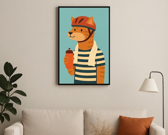 Sporty Cat with Bike Helmet Holding Water Bottle Hobby Poster