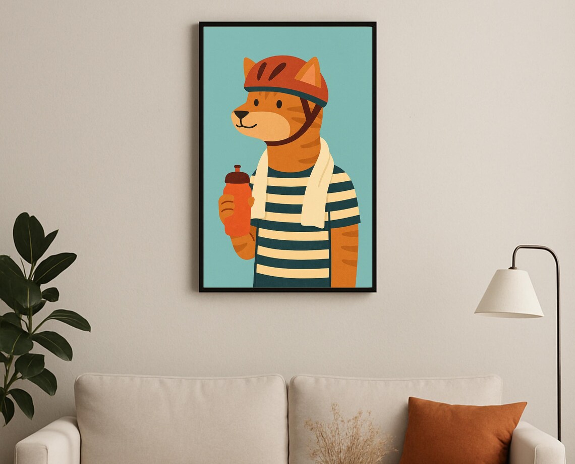Sporty Cat with Bike Helmet Holding Water Bottle Hobby Poster