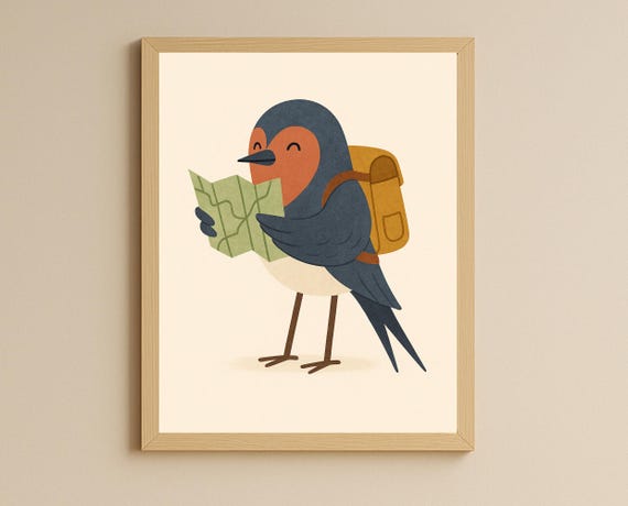 Explorer Bird Wall Art Hobby Animal Series Nursery Travel Themed Swallow Illustration For Kids Room