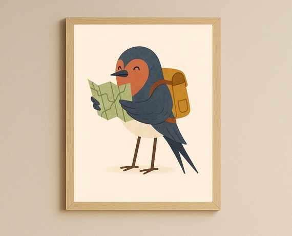 Explorer Swallow Bird Reading Travel Map with Backpack Poster
