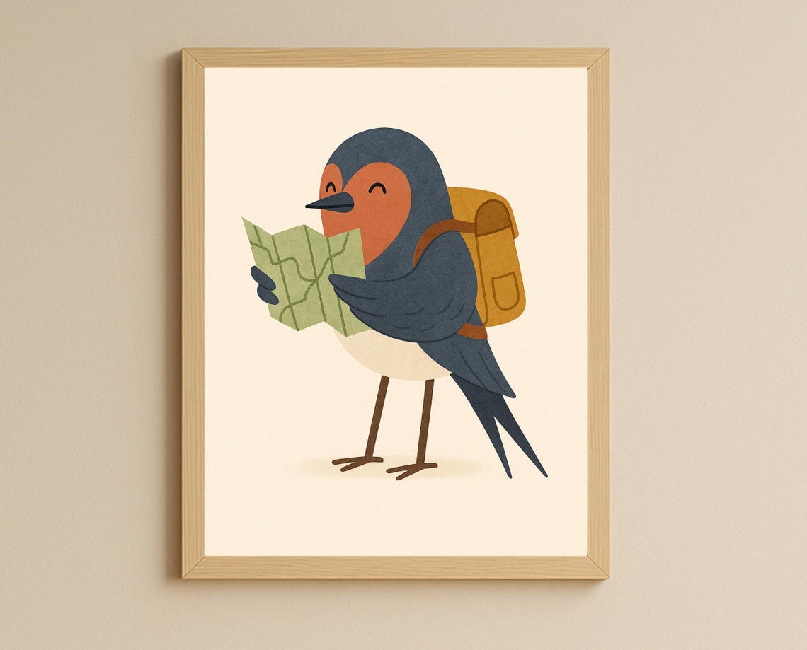 Explorer Swallow Bird Reading Travel Map with Backpack Poster