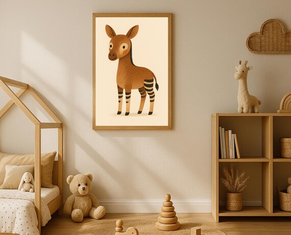 Cute Okapi Wall Art Nursery Print Kids Room Decor Playroom Poster Forestsafari Animal Illustration