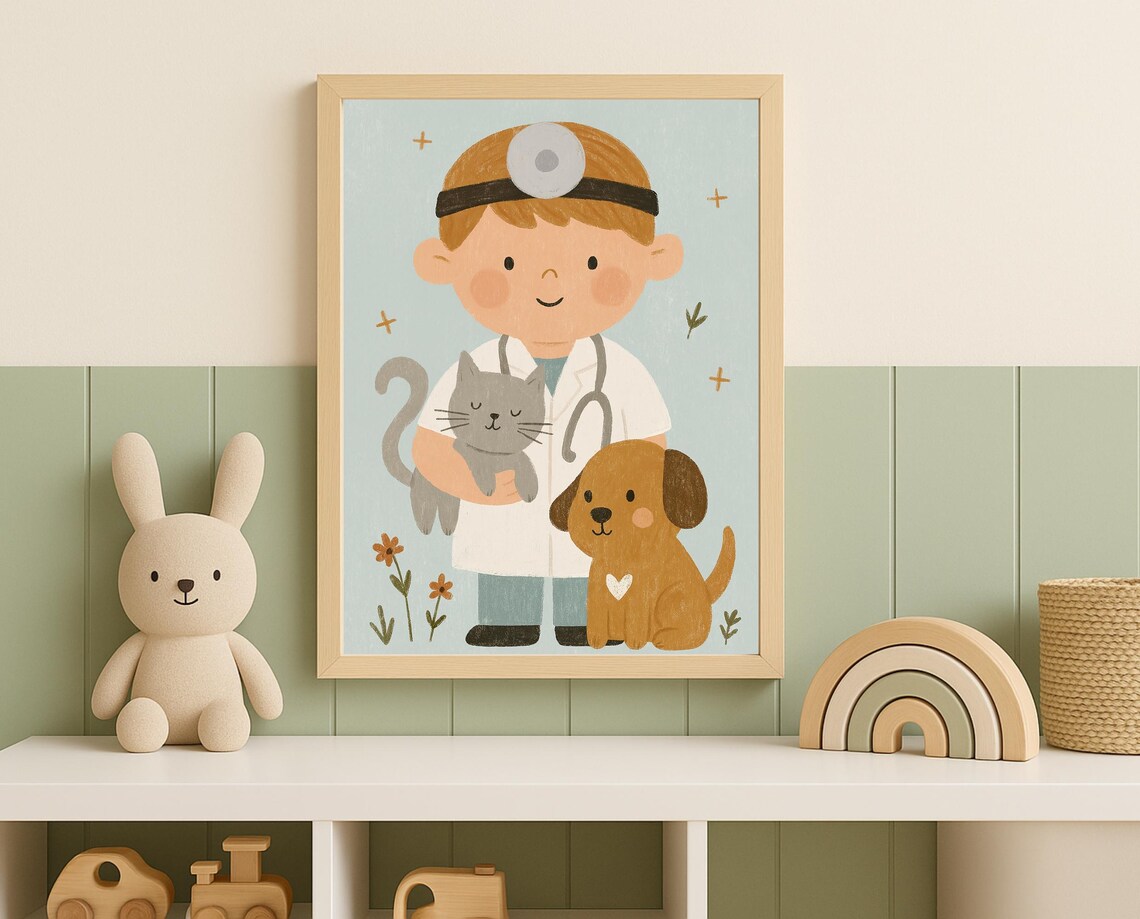 Boy Veterinarian With Cat And Dog Animal Doctor Kids Room Poster