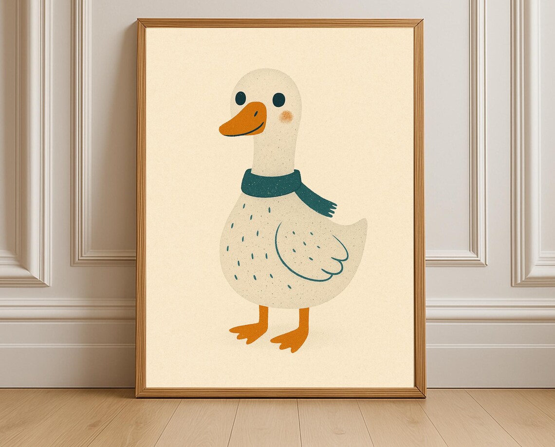 Cute Duck With Teal Scarf Playful Nursery Kids Room Wall Art