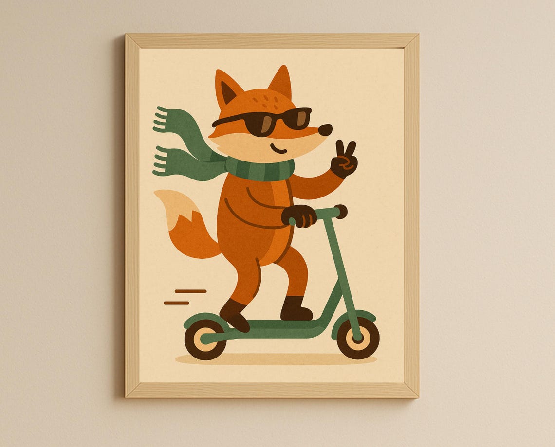 Scooter Fox Wall Art Cool Print Kids Room Decor Nursery Poster Instant