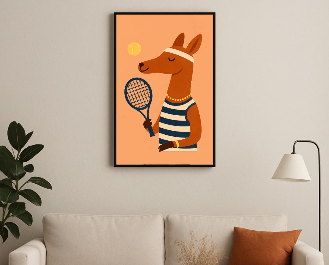 Kangaroo Playing Tennis Racket Ball Sport Hobby Nursery Decor Poster