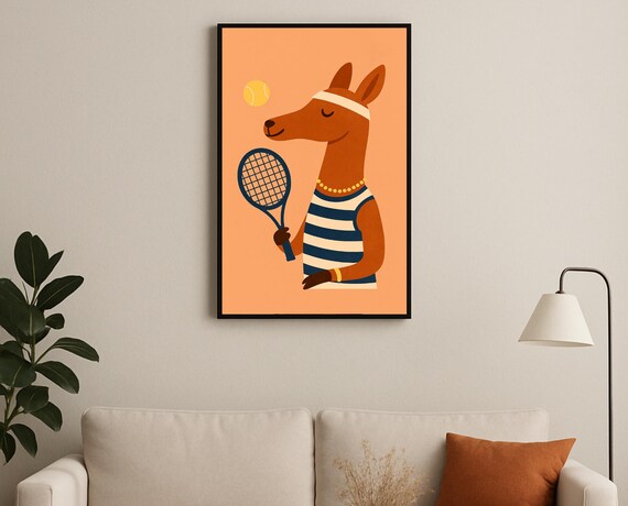 Kangaroo Playing Tennis Racket Ball Sport Hobby Nursery Decor Poster