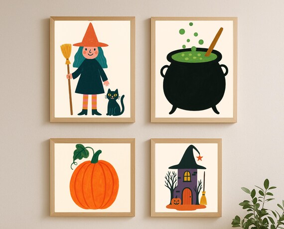 Cute Halloween Wall Art Bundle 15 Kids Decor Witch Ghosts Pumpkin Bats Trick Or Treat Signs