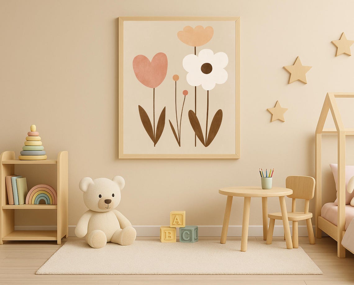 Three Minimalist Pastel Flowers in Blush and White Nursery Poster