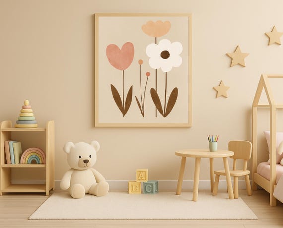 Neutral Flower Wall Art Pastel Floral Nursery Decor Minimalist Botanical Poster For Kids Room