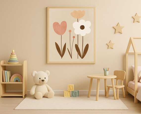 Three Minimalist Pastel Flowers in Blush and White Nursery Poster