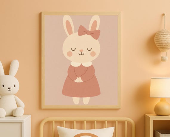 Bunny Girl Wall Art For Nursery Pastel Rabbit Poster Baby Room Decor